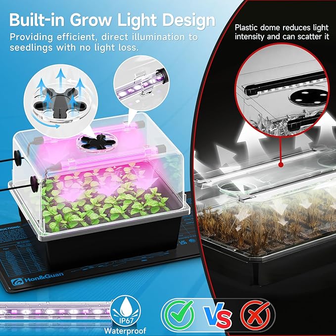 Hon&Guan 1 Pack Seed Starting Kit - 30 Cell Seed Starter Tray with Higher 5.3” Humidity Dome, LED Growing Lights and 10"x20.75" Seedling Heat Mat, Adjustable Vents - Germination & Plant Propagation