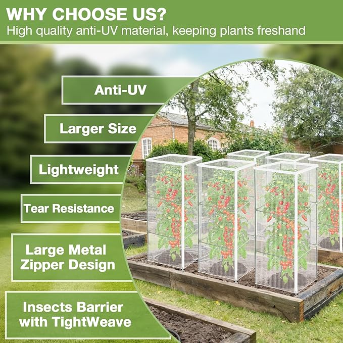 6 Pack 59" x 17.7" Garden Bird Netting for Square Tomato Cage, Tomato Trellis Netting with Zipper & Drawstring, Insect Bird Barrier Plant Cover