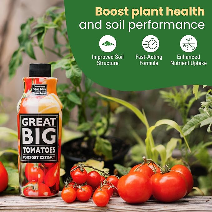 Great Big Tomatoes Soil & Fertilizer Booster for Big Vegetable Yields, Better Fertilizer & Plant Food Efficiency, and Garden Performance. Perfect for Beginners.1 Gallon Concentrate (Makes 32 Gallons)