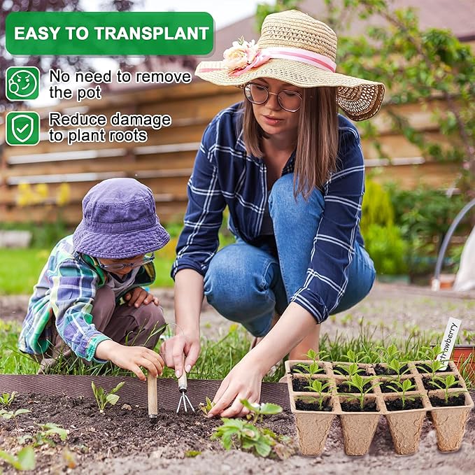 QDBNW 120 Cells Seed Starter Tray Kit, Biodegradable Peat Pots for Seedlings Trays, Plant Starter Seed Germination Kit with 20 Labels and 2 Transplant Tools (10, 120 Cells)