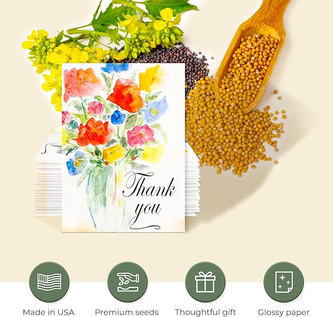 Pack of 20 Pre-Filled "Thank You" Plant Seed Packets Beautiful Flower Vase Party Favors for Guests, bridal shower favors, Parties, Wedding favors, Wildflower Seeds Mix Plant for Year -Round