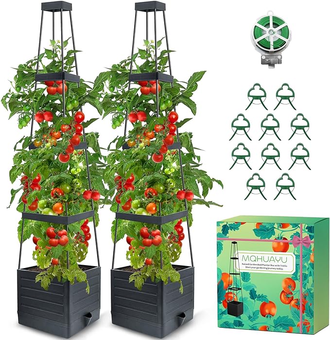2Pack Raised Garden Bed Planter Box with Trellis, 57" Self-Watering Tomato Cage Planters for Climbing Plants Vegetable Vine Flowers Outdoor & Indoor (57x9.8x9.8IN)