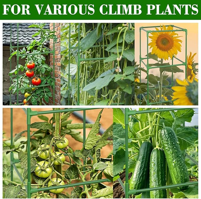 ZeeDix 45 Inch Tomato Cages 2 Pack, Heavy Duty Adjustable Metal Garden Plant Supports for Climbing Vegetables - Square Cage for Tomatoes, Cucumbers, Peas, Flowers with 20 Plant Clips