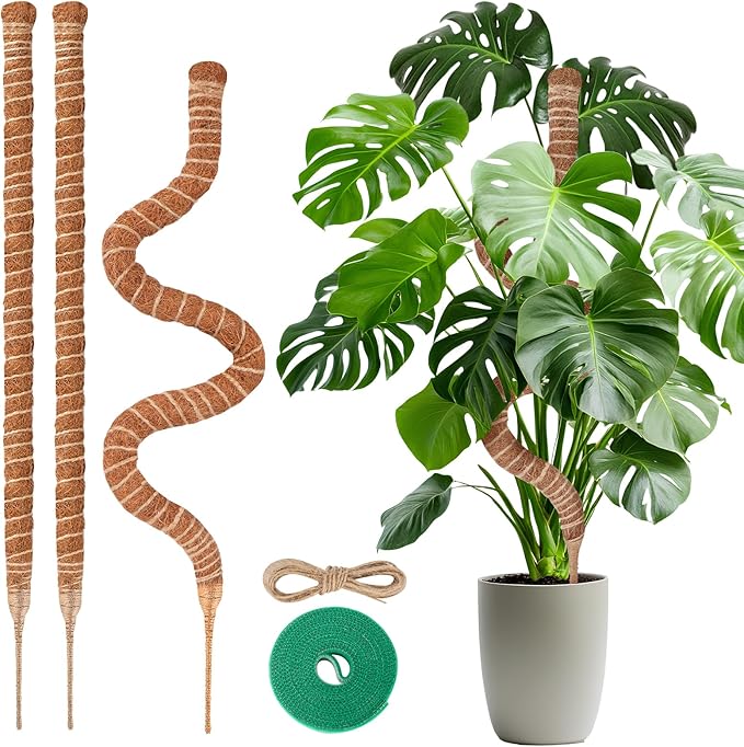 3-Pack 28 Inch Moss Pole for Climbing Plants – Natural Coir Poles with Adjustable Velcro Straps & Hemp Rope, Plant Stakes for Monstera, Pothos & Indoor Houseplants