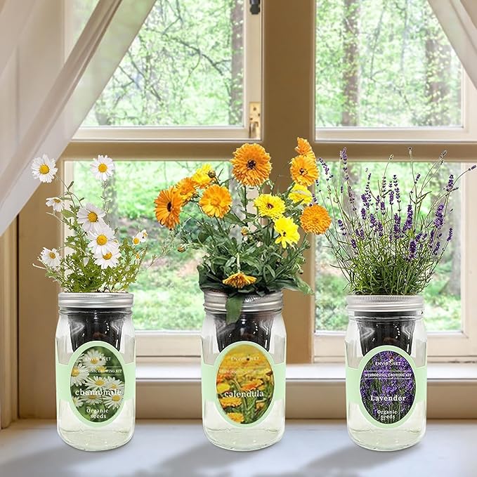 Hydroponic Herb Growing Kit Set, Self-Watering Mason Jar Herb Garden Starter Kit Indoor, New Christmas Gift for Mom (Calendula, Chamomile & Lavender)