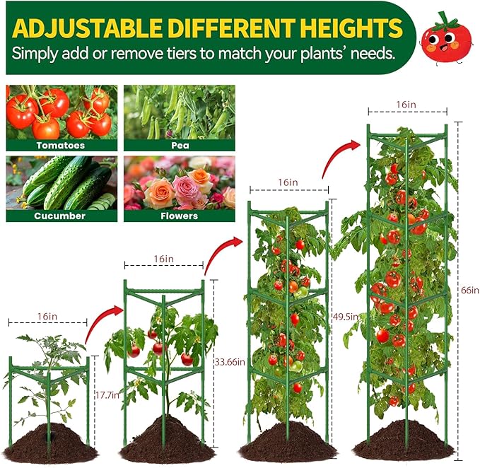 6 Pack Large Tomato Cage for Garden Up to 49" H X 16" W Metal Plant Support Stakes with Clips Triangle Pea Cages Cucumber Trellis for Vegetables Pots Vines Flowers Climbing Plants