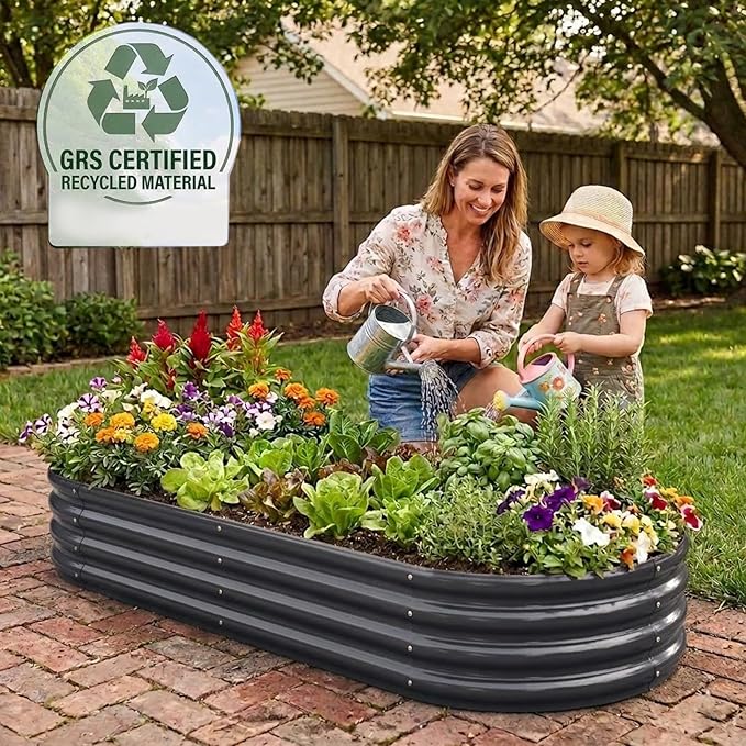 Raised Garden Bed GRS Certified Galvanized Planter Box Outdoor, 5ft Oval Rot-Resistant Metal Garden Bed Planter, Recycled Material Planter for Vegetables Flowers Herbs (Grey)