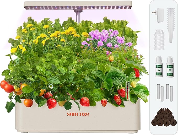 SUNCOZE Hydroponics Growing System Kit 12 Pods, 24W LED Grow Light Indoor Garden, 4L Water Tank with Quiet Pump, Adjustable Height Herb Garden Planter Indoor Kit, Gardening Gifts, Beige
