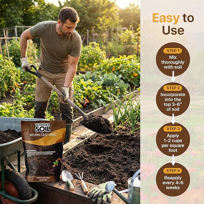 WONDER SOIL | Premium Organic Worm Castings for Plants | 3 lbs (2 Quarts) Bag Natural Soil Amendment for Indoor & Outdoor Plants, Vegetables, Flowers, Gardens | Fertilizer & Compost Enhancer | 3LBS