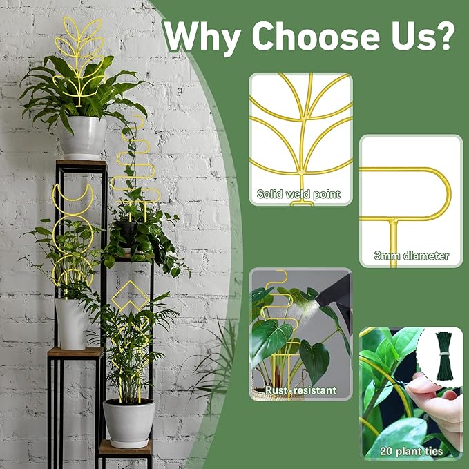 Larger 23inch Plant Trellis for Climbing Plants Indoor, Trellis for Potted Plants with Ties, Metal Climbing Plant Support for Houseplant Flower Pothos Trellis, 4 Different Panels, Pale Gold