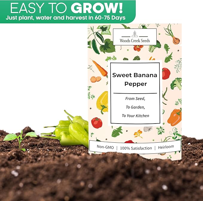 Woods Creek Seeds: Sweet Banana Pepper Seeds for Planting - Non-GMO Yellow Peppers, Mild and Crisp - Heirloom Sweet Pepper Seeds for Planting - High-Yield Seed Pack for Home Gardening