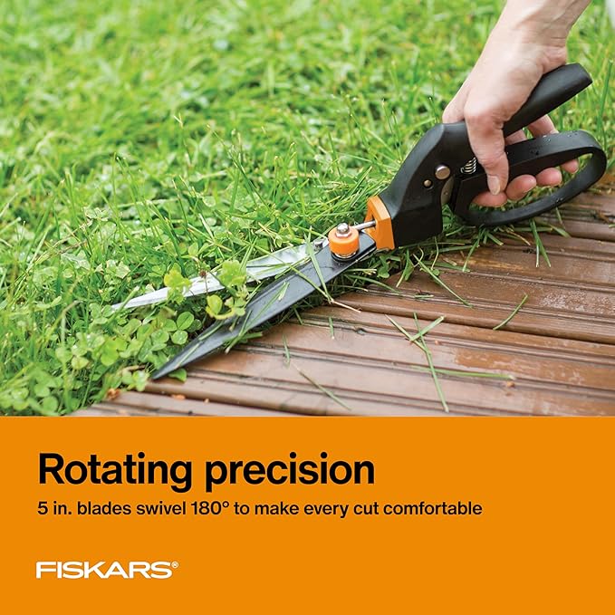 Fiskars Garden Swivel Grass Shears, Rotating Blades for Precise Lawn Edging, Spring-Action Handle, 5", Black/Orange