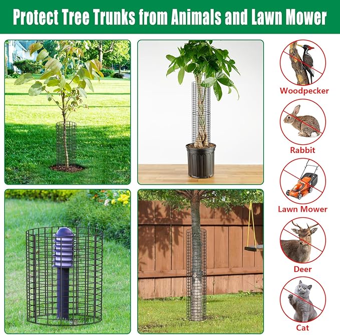 UQM Tree Trunk Protector, 12 Pcs Metal Tree Guards Trunk Protector with Glove & Metal Stakes & Zip Ties, 6 Pack Mesh Tree Bark Protector, Plant Protectors from Deer Animals Mowers Trimmers