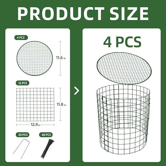 4 Sets of DIY Metal Plant Protectors from Deer, Garden Fencing Animal Barrier Size 11.8 * 12.9 inches, Mesh Plant Cage Chicken Wire Cloche for Plants with Stakes and Nylon Cables