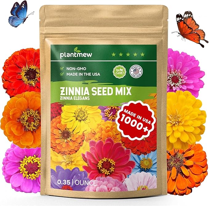 PLANTMEW 1000+ Zinnia Seeds Flower Seeds for 2026 Planting, 0.35 Oz, 5 Varieties (Pink, Yellow, Orange, White, Purple), 10G Mixed Colors and Large Blooms, Open Pollinated - Bulk (0.35 Ounce Pouch)