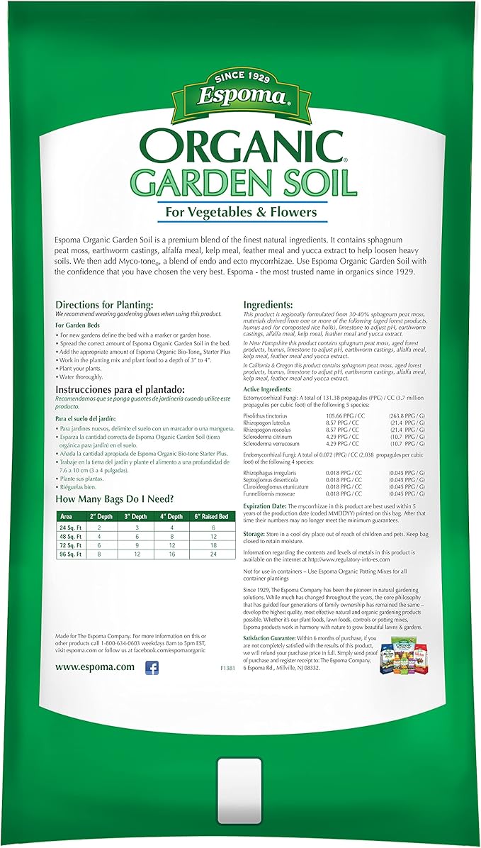 Espoma Organic Vegetable & Flower Garden Soil Natural and Organic in Ground Planting Mix. Use When Planting & Transplanting. for Organic Gardening. 1 Cubic Foot Bag - Two Pack