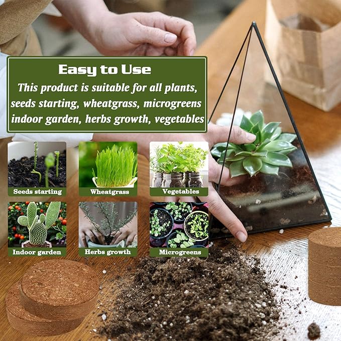 ZeeDix 50pcs 30mm Coco Coir Pellets Potting Soil, Organic Coconut Fiber Seed Starter Soil Pellets, Coconut Coir Soil Discs for Indoor Outdoor Plants, Herbs Houseplants Flowers Succulents Vegetables