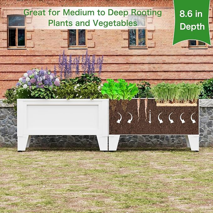 Raised Garden Bed with Detachable Legs Elevated Metal Planter Box for Growing Fresh Herbs Vegetables Flowers Succulents&Other Plants for Outdoor Backyard Patio (White - Low Height)