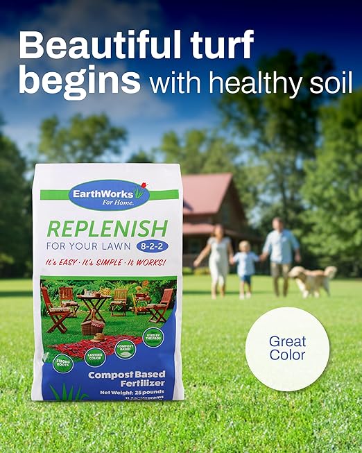 EarthWorks EW4H Replenish Lawn Fertilizer, Organic Compost Grass Food, Deep Root Turf Booster, Year-Round Green, Soil-Building Formula for All Seasons, 25 lbs