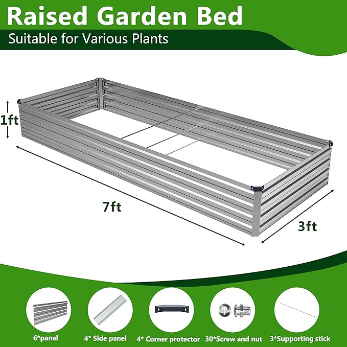 Easllre 2PCS 7x3x1ft Galvanized Raised Garden Bed Kit, Galvanized Planter Raised Garden Boxes Outdoor, Large Metal Raised Garden Beds for Vegetables,Silver