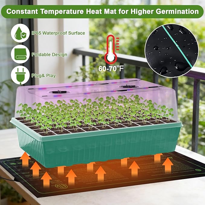 60-Cell Self-Watering Seed Starter Tray with Grow Light, Indoor Seed Starting Kit Trays with Heat Mat, Adjustable Brightness Plant Germination Trays Growing Kit with 4.13" Humidity Dome for Seed Grow