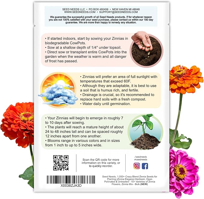 Seed Needs Zinnia Seeds 15+ Varieties Specialty Crazy Blend | 1,000+ Seeds Zinnia Elegans Open Pollinated | Includes California Giants, Candystripe & State Fair Species | Bulk