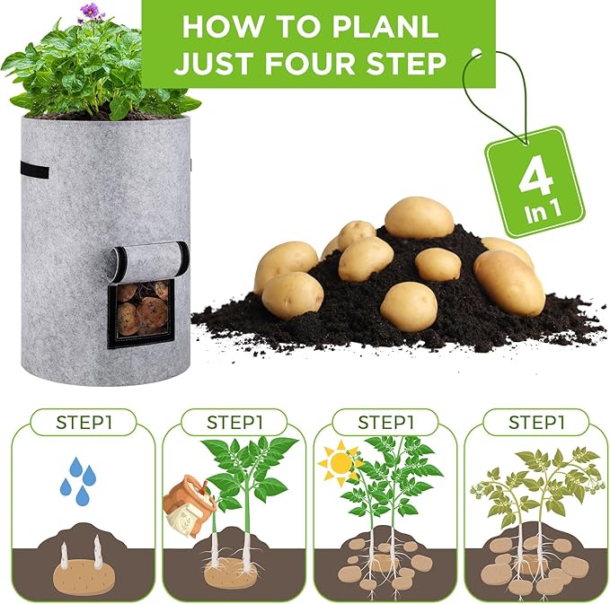 Yoojahow 2 Pack 30 Gallon Potato Grow Bags with Harvest Window, Durable Garden Planter Bags with Handles for Potatoes, Tomatoes, and Vegetables - Indoor & Outdoor Gardening Supplies (Gray)