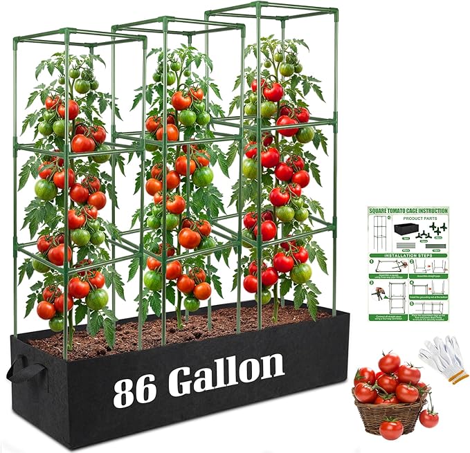 3-Pack Tomato Cages with 86 Gallon Raised Garden Bed - 41" Anti Collapse Heavy Duty Plant Support Trellis for Climbing Vegetables Plants Flowers ,Adjustable Vertical Tomato Trellis for Garden Balcony