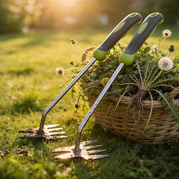 Hand Weeder Puller Tool, Heavy-Duty Stainless Steel Root Removal Tool with Ergonomic Non-Slip Handle, Manual Dandelion Remover for Garden Lawn Yard, Handheld Weeding Tool for Deep Roots, 2 Pack