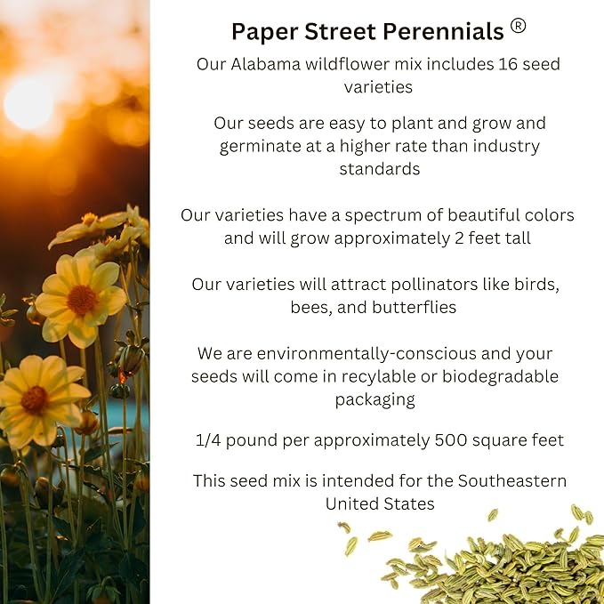 Alabama Bulk Perennial Wildflower Seed Mix 1lb Covers 2,000sq-ft - Attract Pollinators, Multi-Color Blooms - Southeast US Species Plant in Spring/Fall, Earth-Friendly Packaging (1/4 Pound)