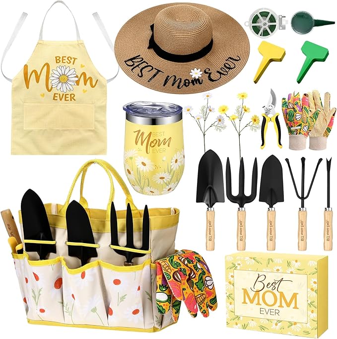 Lasnten 16 Pcs Mothers Day Garden Gift for Mom Women Gardening Supplies Daisy Birthday Garden Tools Set from Daughters Gloves Apron Insulation Cup Fork Trowel Tote Bags for Plant Lover Present