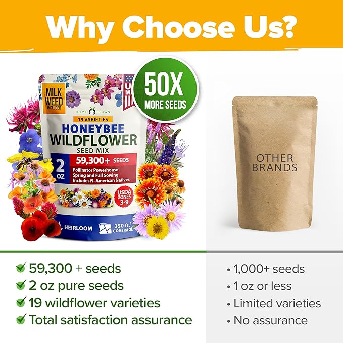 HOME GROWN Premium Wildflower Seeds Bulk Mix (2oz) - 59,300 Seeds & HOME GROWN 70 Variety Vegetable & Herb Seeds 32,000 USA Non-GMO