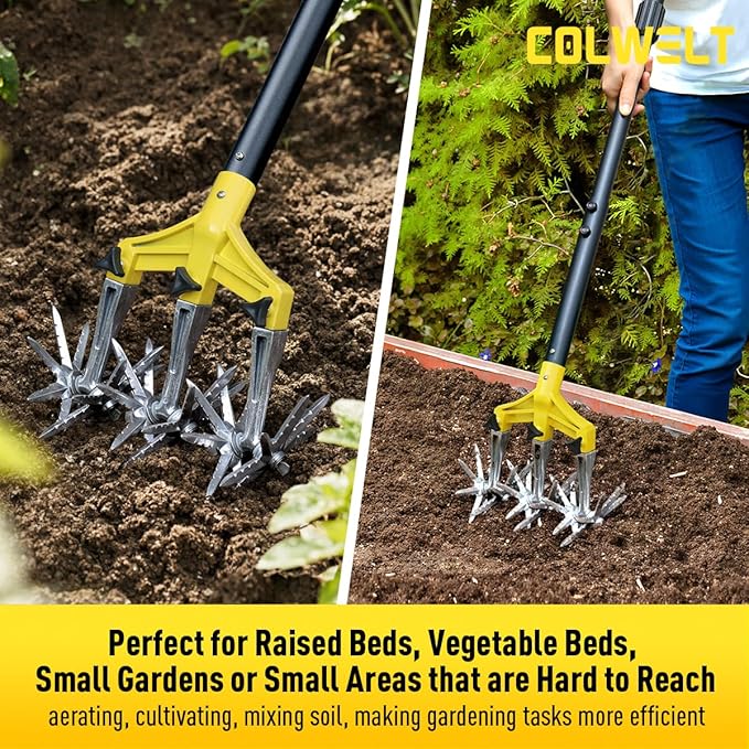 Colwelt Rotary Cultivator Garden Tool 61’’, Hand Tiller Garden Tool with Detachable Aluminum Tines, Cultivators for Gardening Soil or Reseeding Grass, Manual Cultivators & Tillers for Flowers Beds