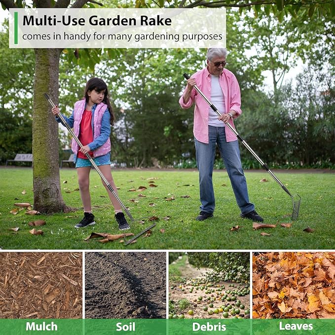 Rake for Leaves, Garden Bow Rake for Lawns Heavy Duty, 5 ft Back-Saving Long Handle, 14 Metal Tines, Yard Gardening Tools for Loosen Soil, Clear Gravel Grass Rock, Level Mulch