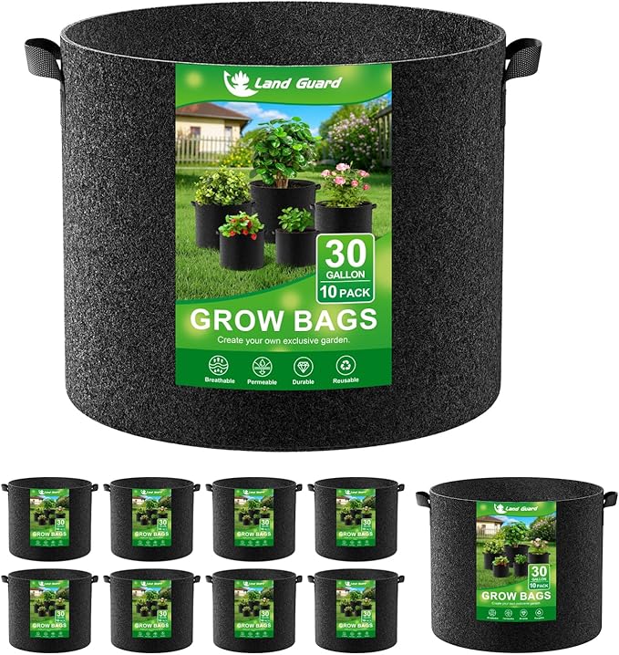 Land Guard 10-Pack Fabric Grow Bags 30 Gallon, Thickened Nonwoven Garden Pots, Growing Bags with Handles, Black