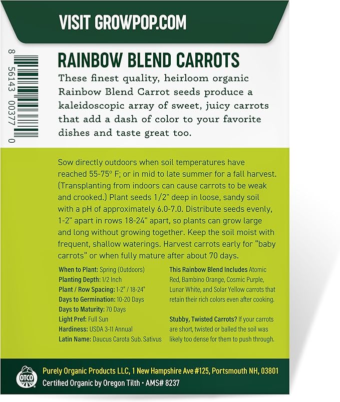 Organic Carrot Seeds (Rainbow Blend) - Approx 500 Seeds - USDA Organic, Non-GMO, Open Pollinated, Heirloom, USA Origin