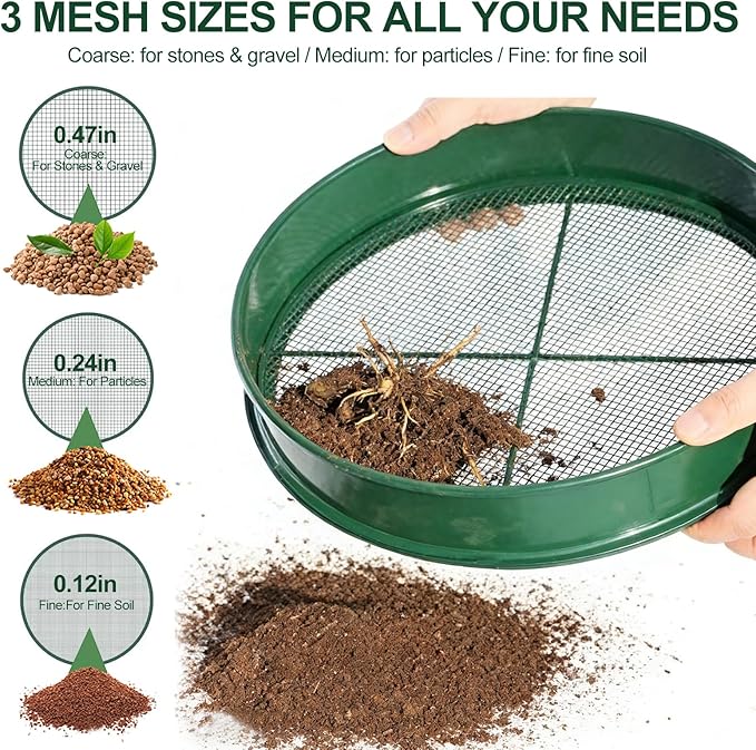 11.8 Inch Garden Soil Sifter Set Dirt Sifter with Interchangeable Screens,Multi-Functional Rock Sifter for Gardening Compost Bonsai and Sand Separation (Green)