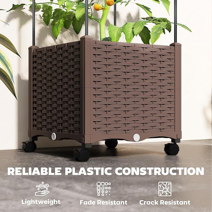 Outsunny Raised Garden Bed with Trellis, 71.7" Tomato Cage with Lockable Wheels, Self Watering Outdoor Planter Box with Drainage Holes and Plugs for Climbing Plants, Vines, Vegetables, Flowers, Brown