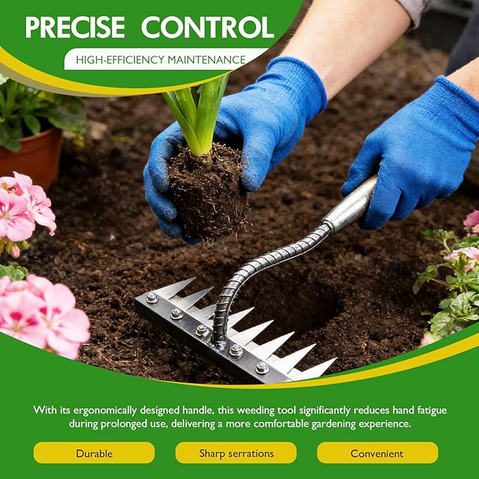 Iron Weeding Rake 2.0, 8 Teeth Carbon Steel Garden Weeding Rakes, Heavy-Duty Iron Rake for Gardening and Weeding