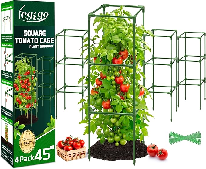 Legigo 4 Pack Square Tomato Cages- 45 Inch Heavy Duty Tomato Trellis for Climbing Plants Outdoor, Tomato Plant Support Stakes Cage Garden Trellis for Garden Raised Garden Bed Cucumbers Vegetables