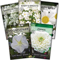 Sow Right Seeds - Moon Garden White Flower Seeds for Planting - Shasta Daisy, Alyssum, Polar Bear Zinnia, Baby’s Breath & Moonflower - Non-GMO Variety to Plant a Stunning Evening Moon Flower Garden