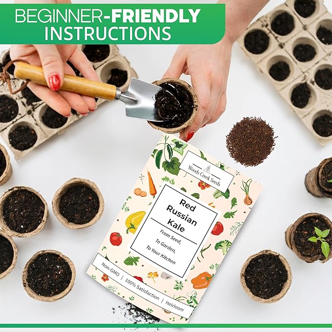 Woods Creek Seeds: Red Russian Kale Seeds for Planting - Over 480 Heirloom Non-GMO Kale Seeds for Planting Outdoors, Indoors or for Hydroponic Gardening - Ideal for Vegetable Gardening at Home