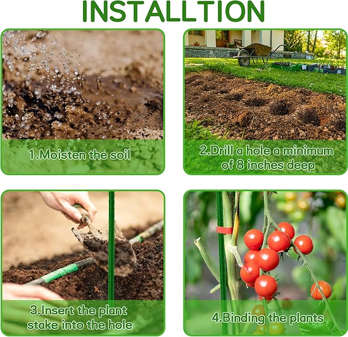 BOTINDO Garden Stakes 57 Inches Sturdy Green Plant Sticks 25 Pack, Metal Tomato Stakes Support, Yard Plant Support Cage for Potted Plants, Tomatoes, Trees, Cucumber, Fences, Beans (57 inch)