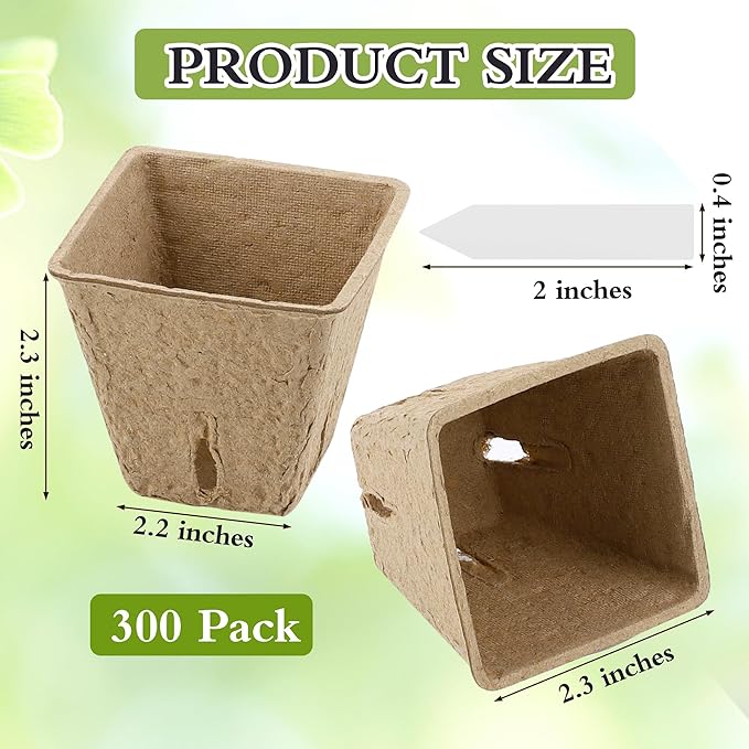Hahood 300 Pieces Peat Pots Plant Starters 2.3 Inch Square Peat Pots for Herb Seedlings Garden Germination Nursery Pots Organic Germination Plant Starter with Plant Markers Labels for Plants Supplies
