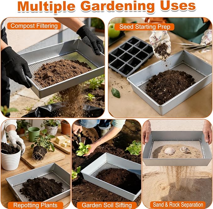 cyrico Soil Sifter for Gardening 2 Pack, 17.5 x 11.5 Inch Large Compost Sifter, Heavy Duty Metal Garden Sieve with 1/4 & 1/8 Inch Mesh Screens, Sifting Pan Tray for Rock, Dirt, Gravel, Sawdust, Sand