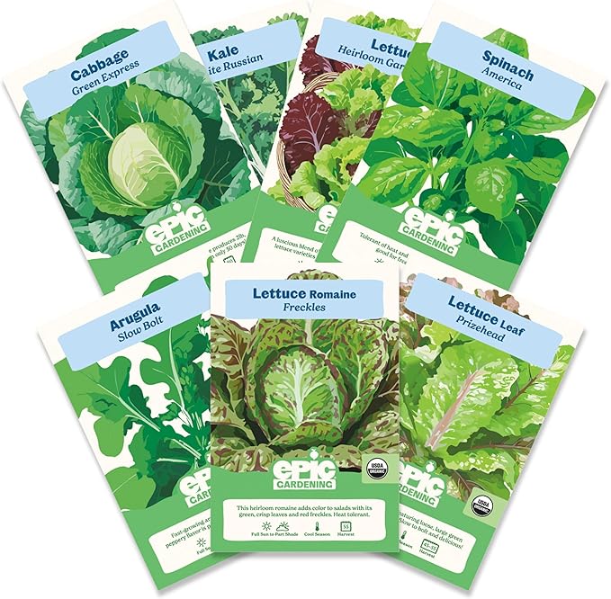 Epic Gardening Eat Your Greens Seed Kit - 7 Heirloom & Non-GMO Varieties, Includes Kale, Spinach, Arugula & Romaine Lettuce, Grow Fresh Greens for Salads, Smoothies, Healthy Meals, Ideal for Beginners