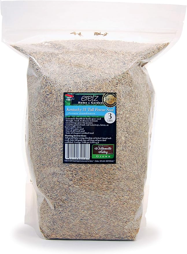 Kentucky 31 K31 Tall Fescue Grass Seed by Eretz - Choose Size! State Certified, No fillers, No Weed or Other Crop Seeds (3lbs)
