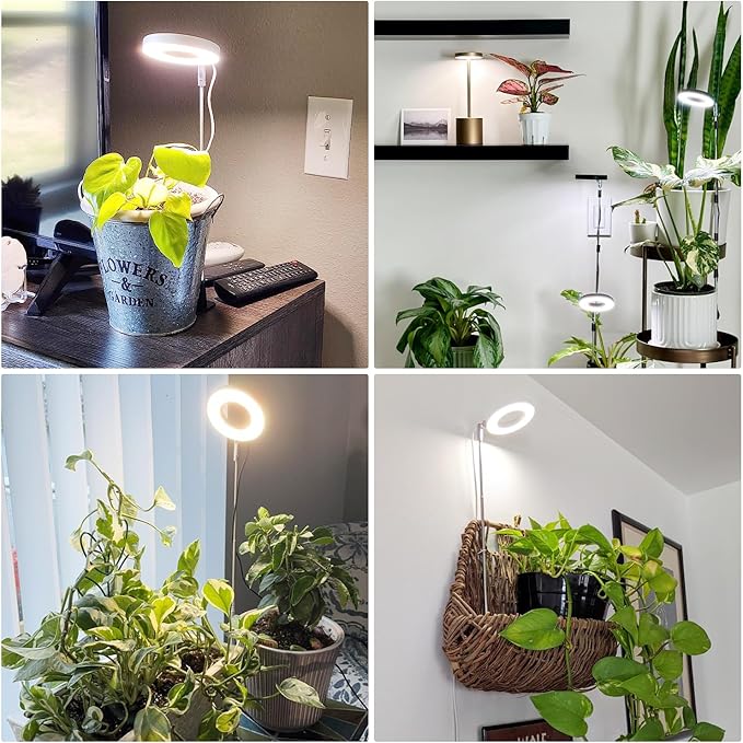 Grow Lights for Indoor Plants, Full Spectrum Small Halo Plant Grow Light with Base, 48 LED Growing Lamp 10 Levels Dimmable Auto On Off 3/9/12 Hrs Timer for Small Plants, White, 3.5in, 5 Pack
