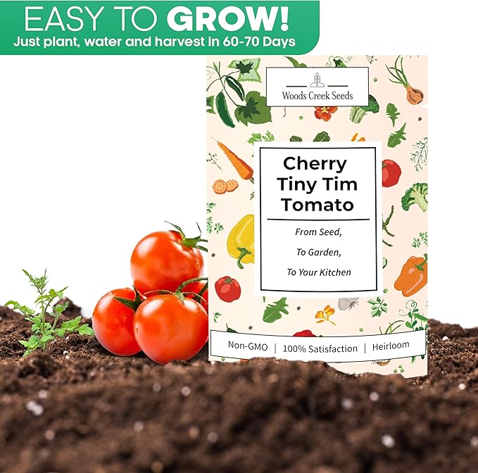 Woods Creek Seeds: Tiny Tim Tomato Seeds for Planting - Heirloom Tomato Seeds for Planting Outdoors, Indoors, Patio or Home Plant Garden - Non-GMO Seed Pack of Dwarf Cherry Tomatoes