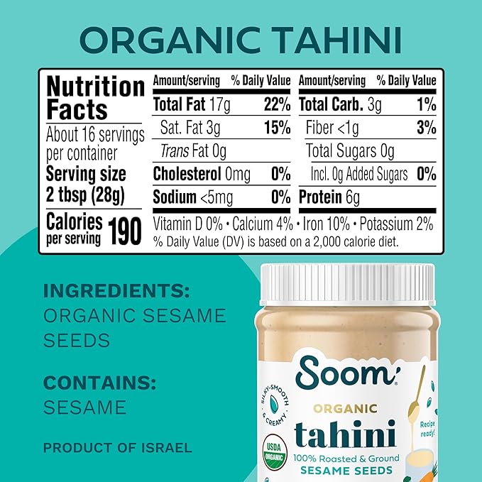 Soom Foods Organic Tahini 16oz (2 Pack) | Roasted & Ground Sesame Seed Paste | Creamy Tahini for Dubai Chocolate, Hummus, Sauces | Vegan, Nut-Free, Gluten-Free, Kosher, Keto, Paleo, Whole30